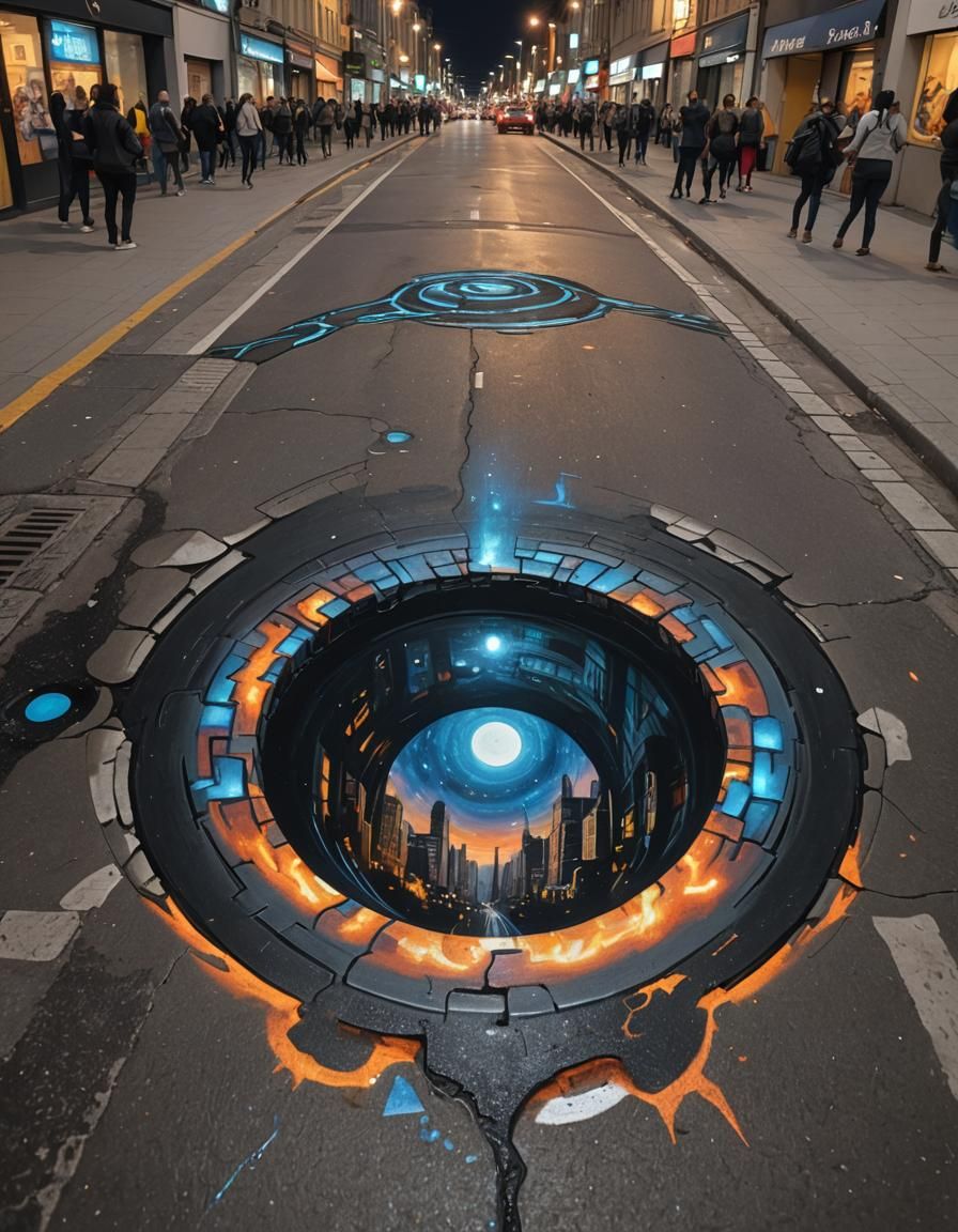 Artwork in the street that looks like a portal to another di...