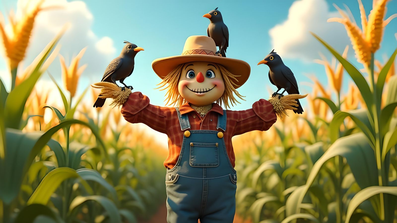 Friendly Scarecrow and Crows in Cornfield, Fantasy Art