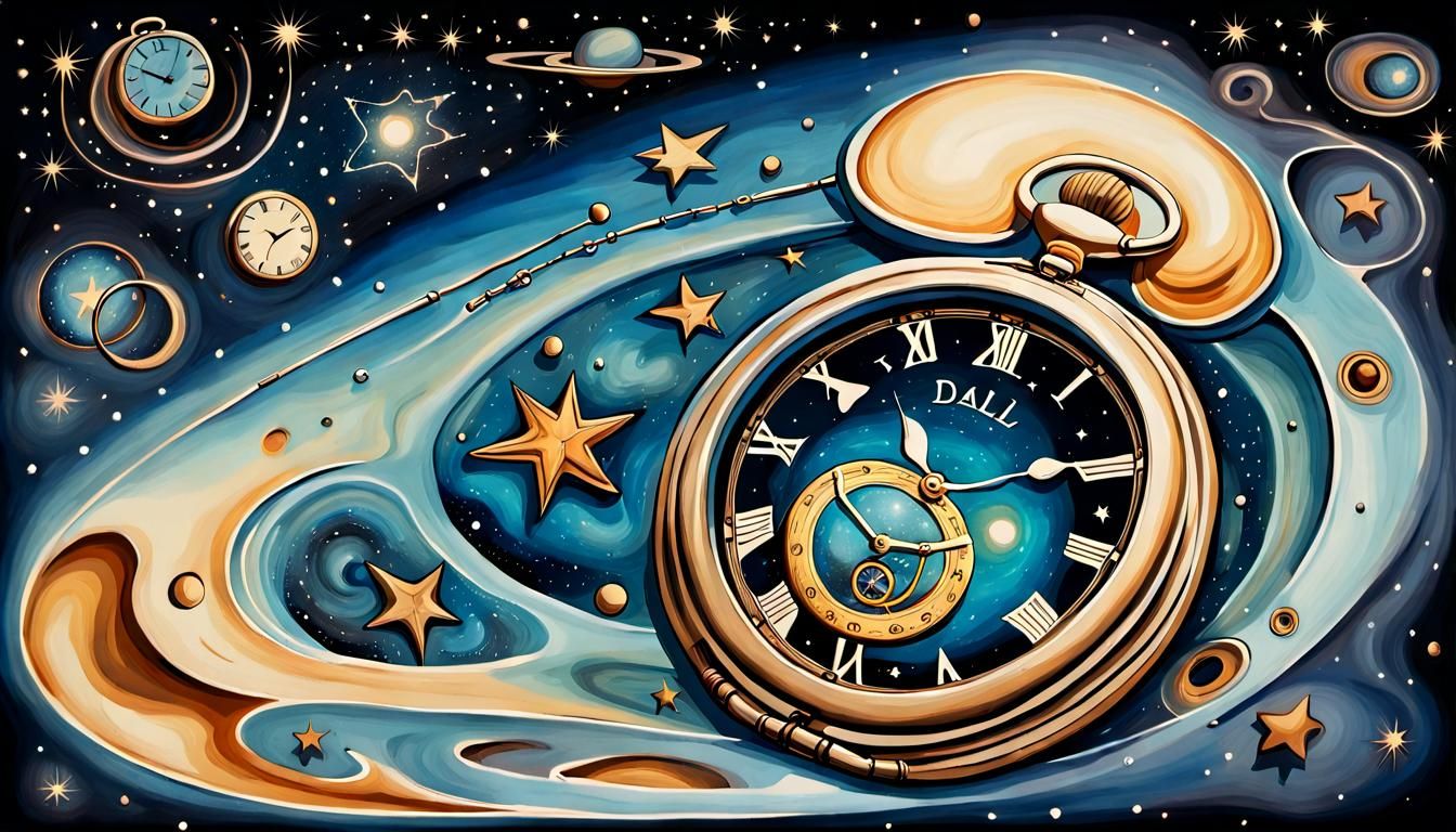 Surreal Pocket Watch in Space, Dali-esque Drawing