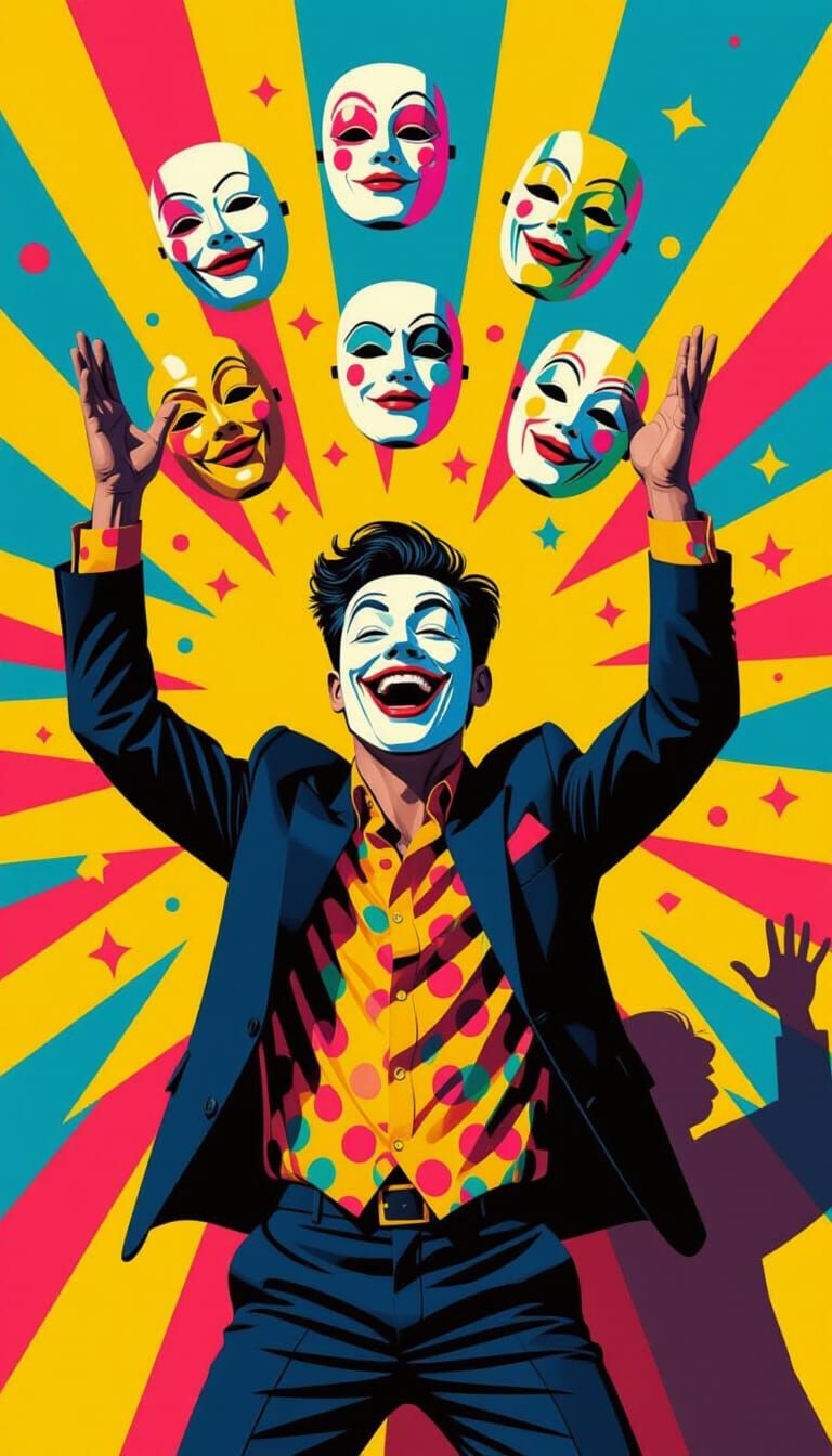 Mischievous Man Juggling Masks in Vibrant Colors