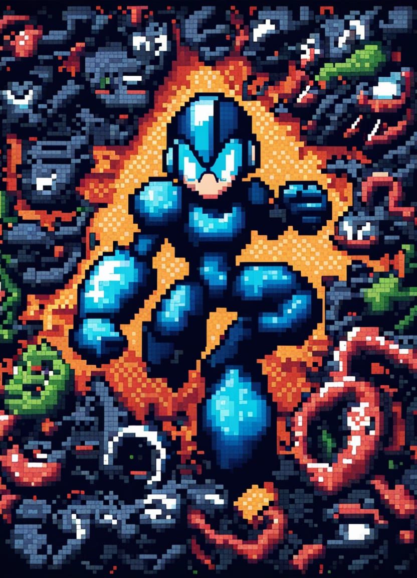 Mega Man with Venom Symbiote in Pixel Art