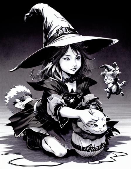 Cute Kitten Witch Juggling Fish, Comic Illustration