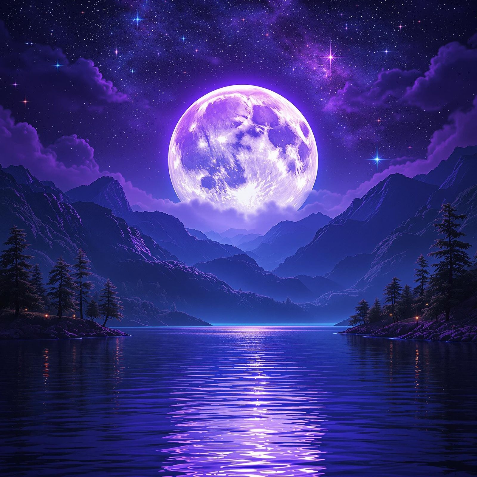 Purple and Blue Supermoon Over Serene Bay Landscape