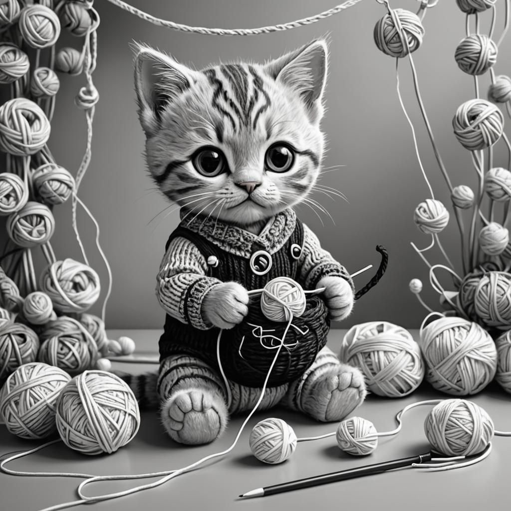 Adorable Chibi Kitten Knitting: Black and White Line Art