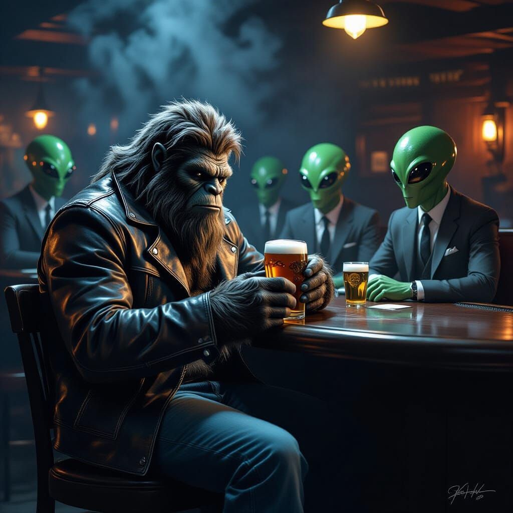 Bigfoot at Bar with Aliens in Dark Fantasy Style