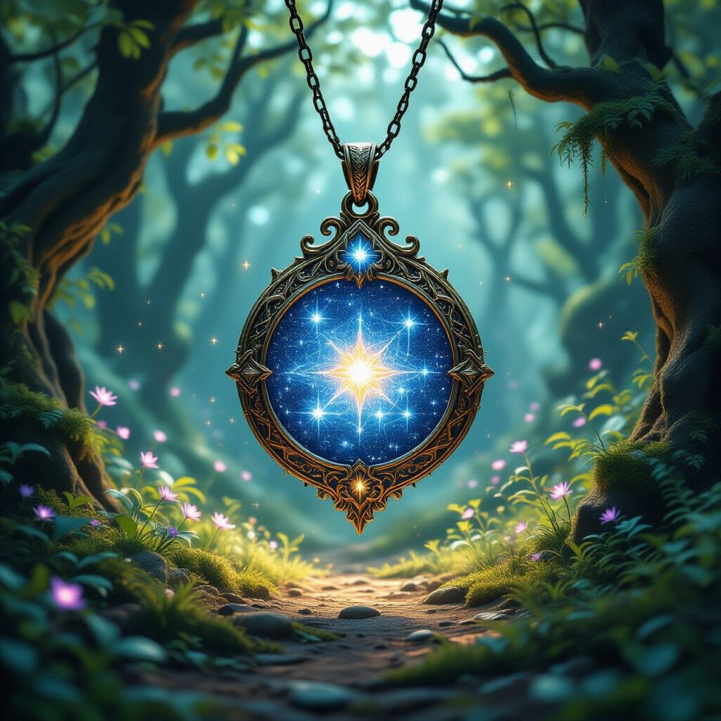 Celestial Amulet of Stardust in Mystical Forest
