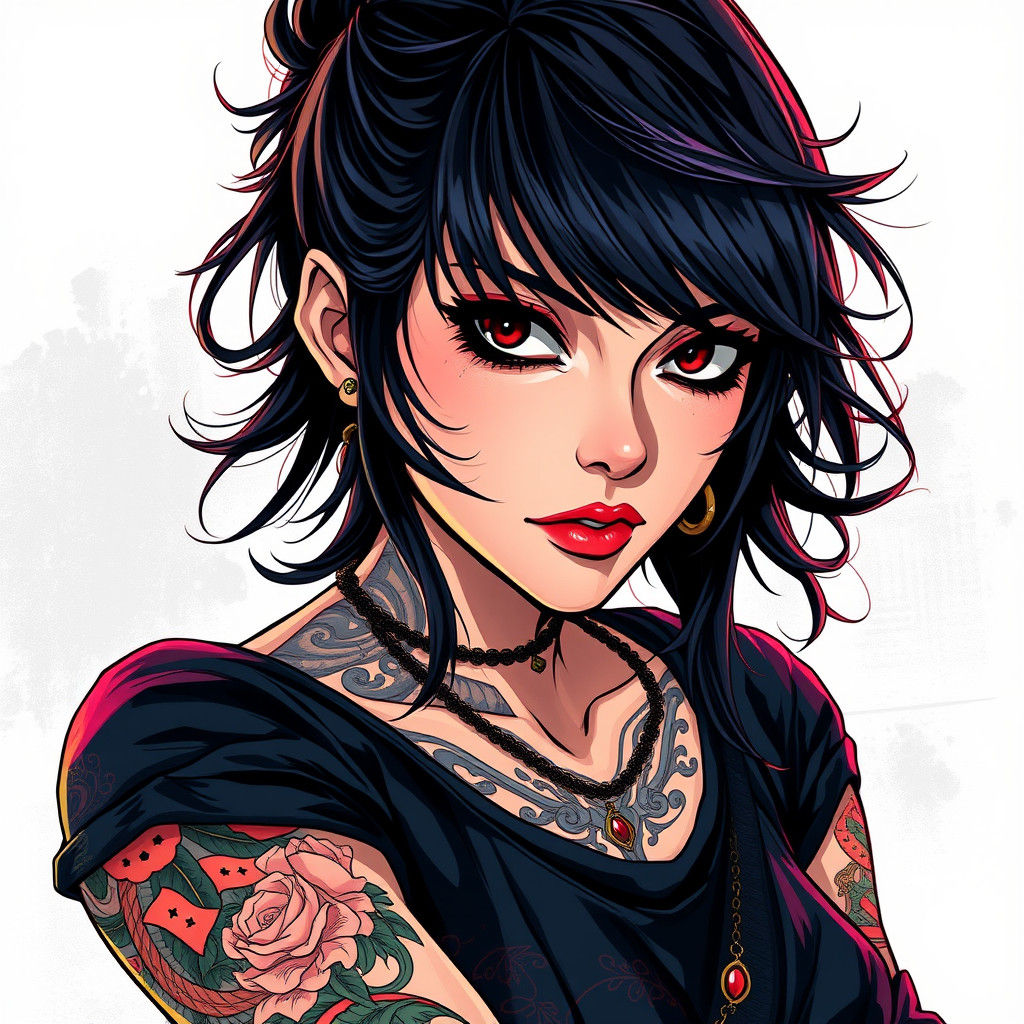 Edgy Tattooed Woman in Anime Manga Style