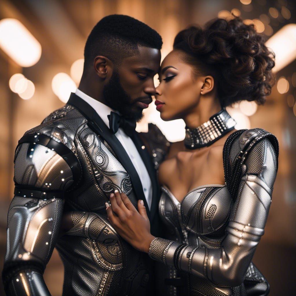 Black Time Travelers' Futuristic Wedding Embrace