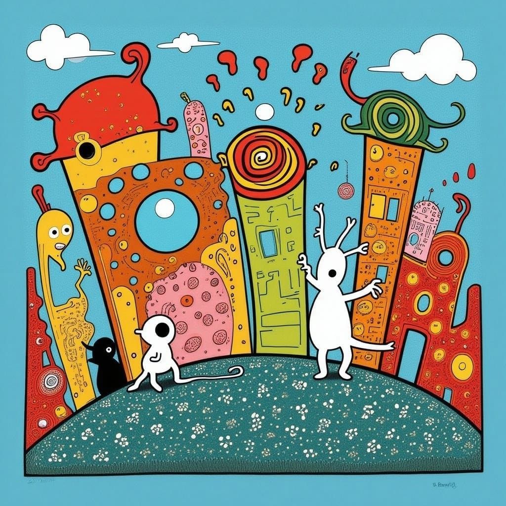 Whimsical Landscape of Tilting Buildings and Crazy Animals