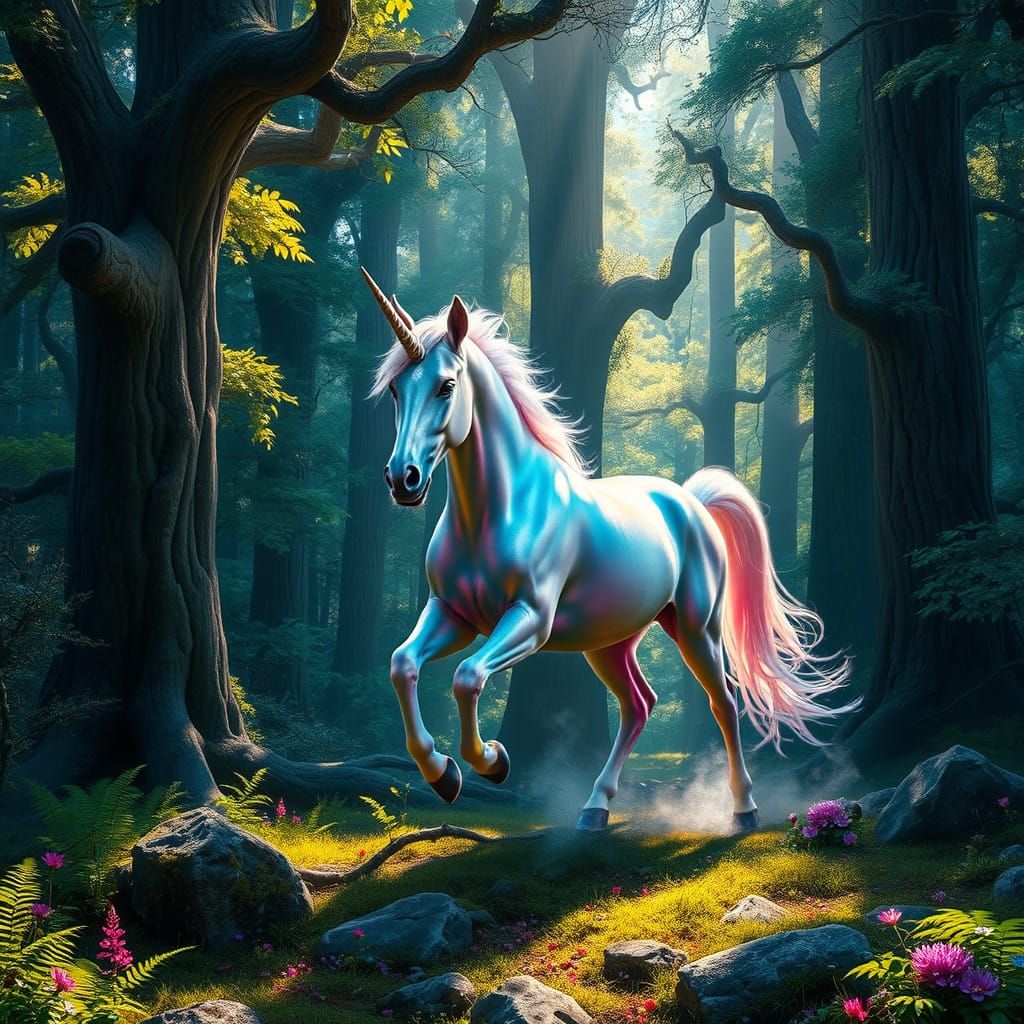 Ethereal Unicorn Gallops Through Vibrant Forest in Detailed....
