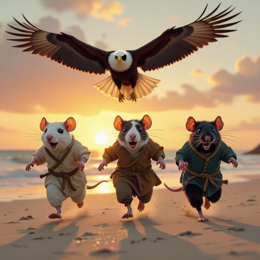 Sepia Beach Chase: Eagle and Anthropomorphic Rats