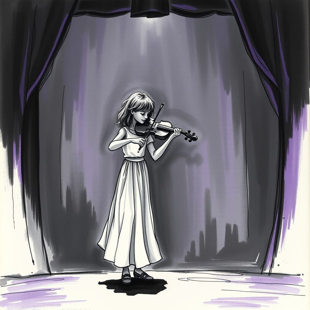 Girl Violinist: Cubist Charcoal Drawing in Theater