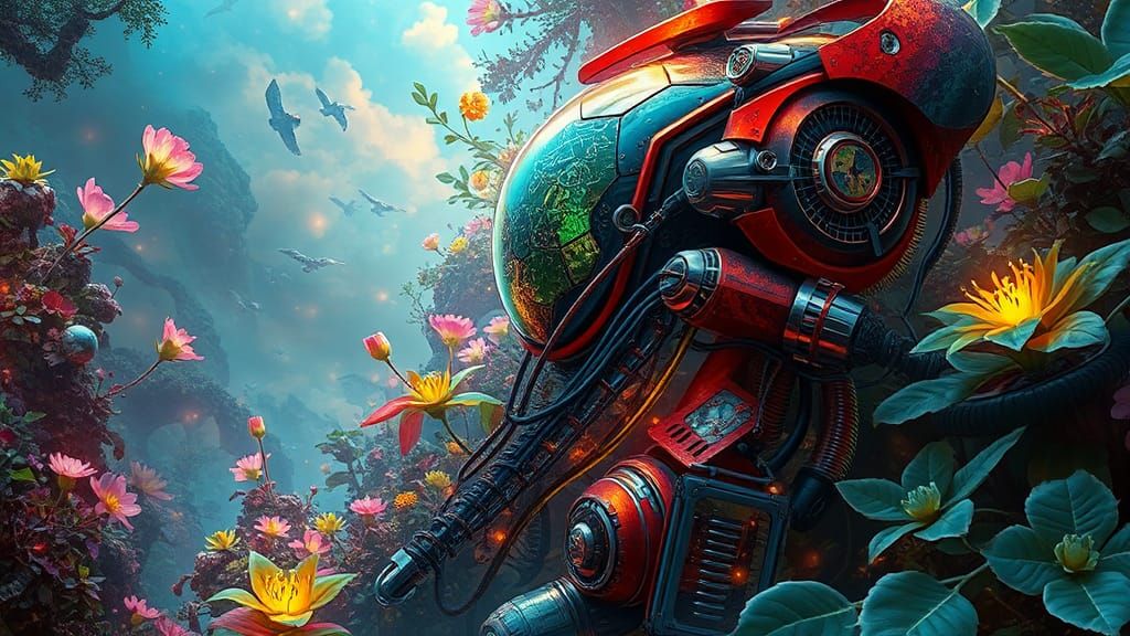 Futuristic Fusion: Bioluminescent Flora and Organic Machines