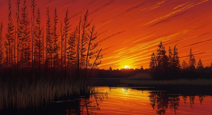Vivid Sunset Over Reflective Wetland Waters