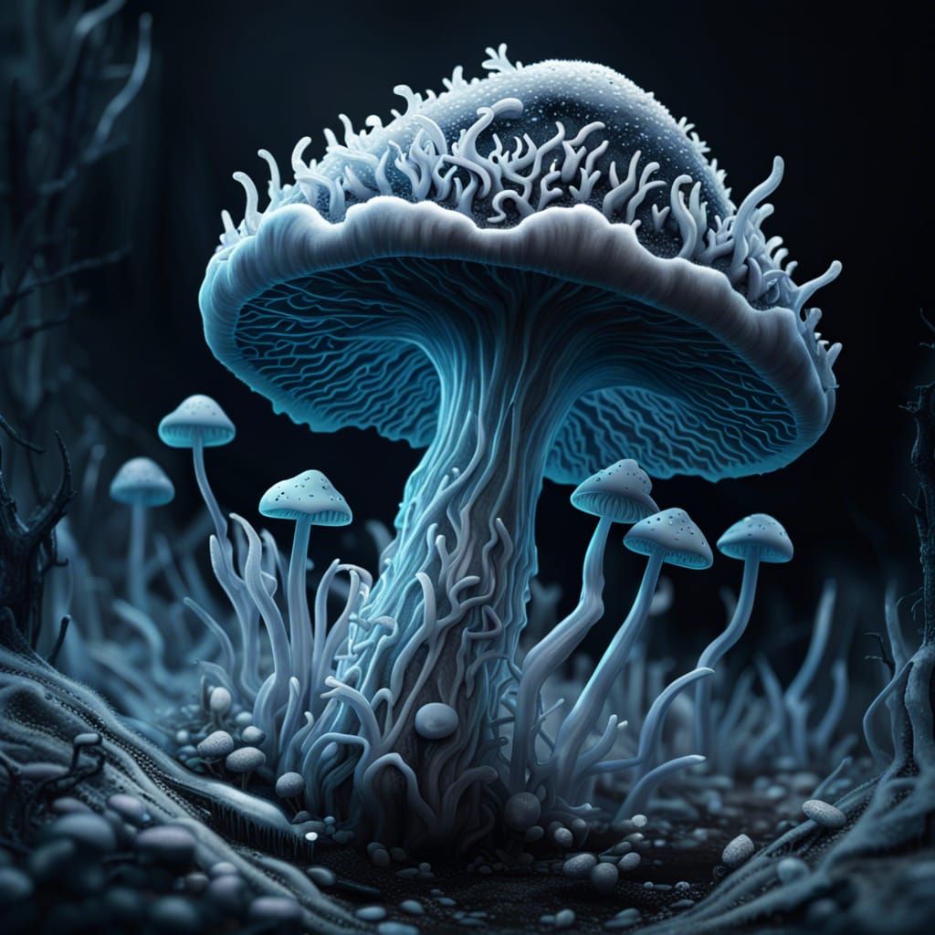 Creepy Ice Mushroom: Detailed Digital Horror Art