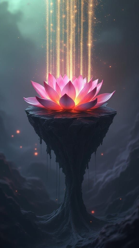 A biomechanical lotus flower blooming from the cracked surface of a floating obsidian island, with streams of glowing po...