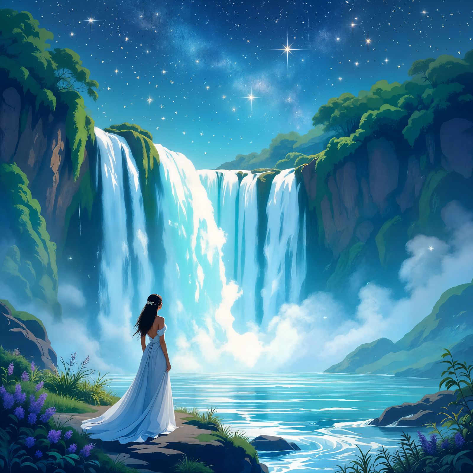 Sparkling Waterfall Landscape at Twilight