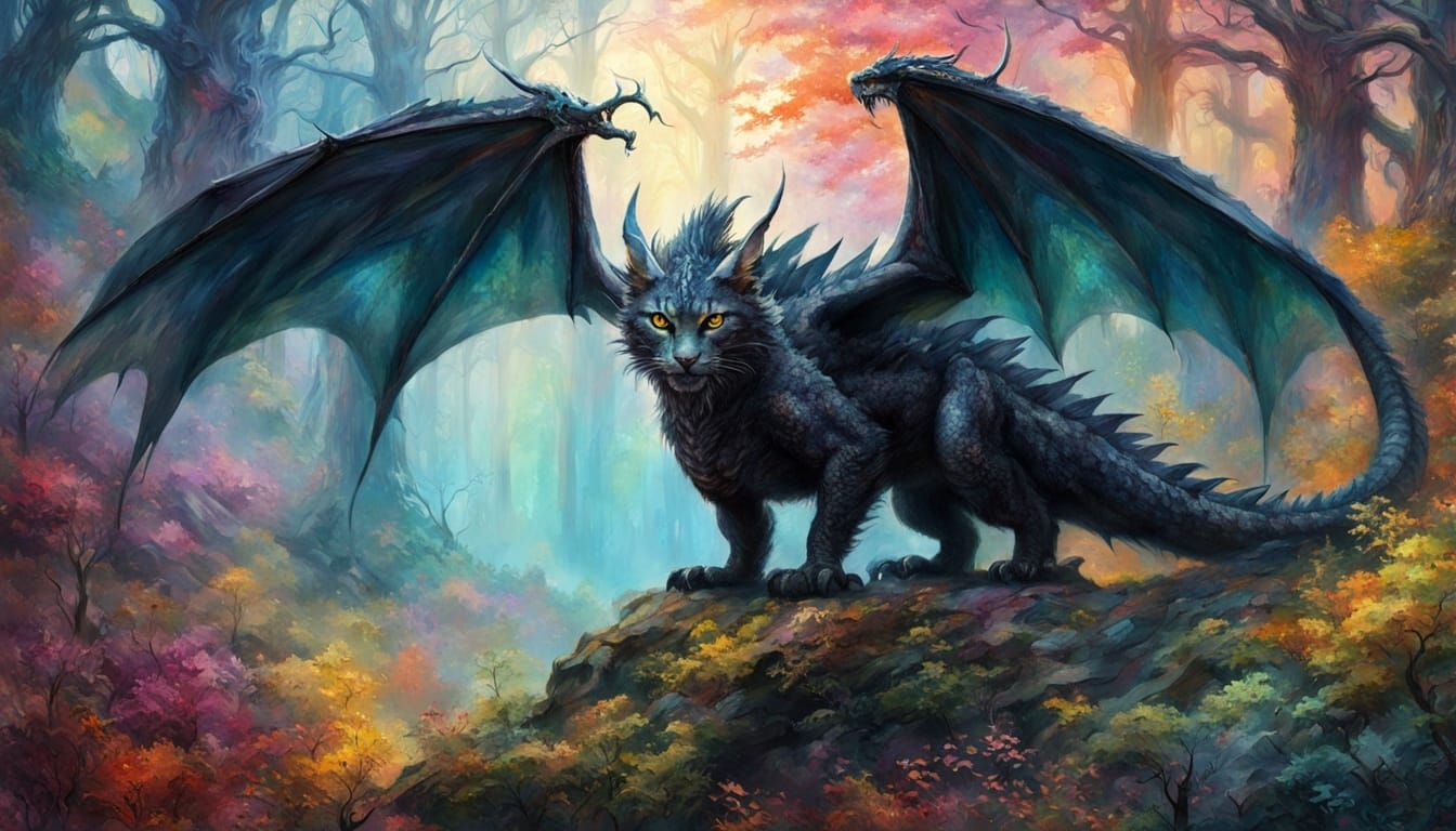Majestic Black Dragon in Magical Misty Forest