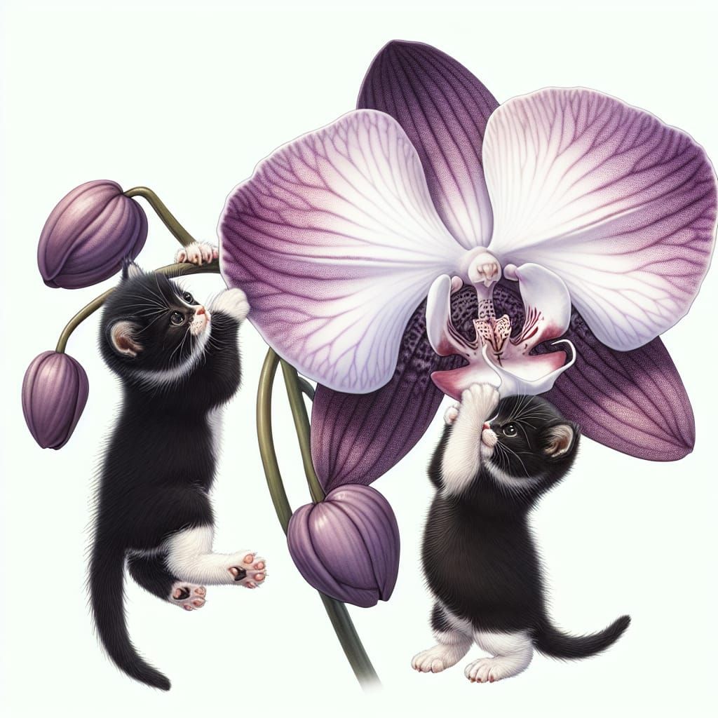 Playful Kittens Hanging from Oversized Orchid