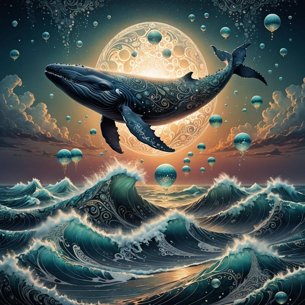 Surreal Whale Breaching in Dreamlike Seascape