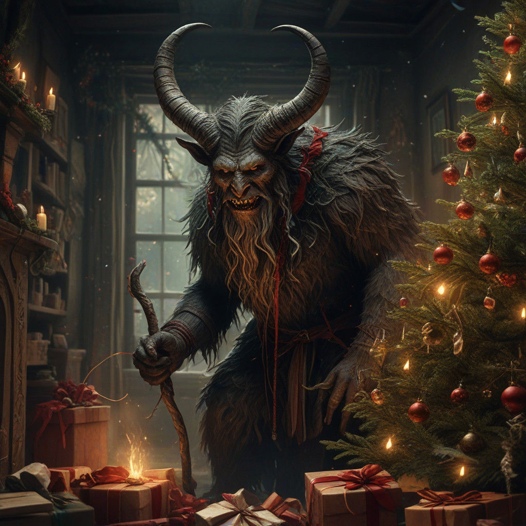 Dark Fantasy Krampus Amidst Twinkling Christmas Tree