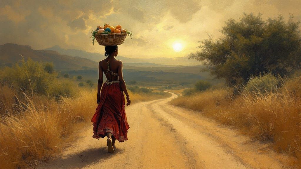 African Woman Walks Dusty Road in Golden Fields