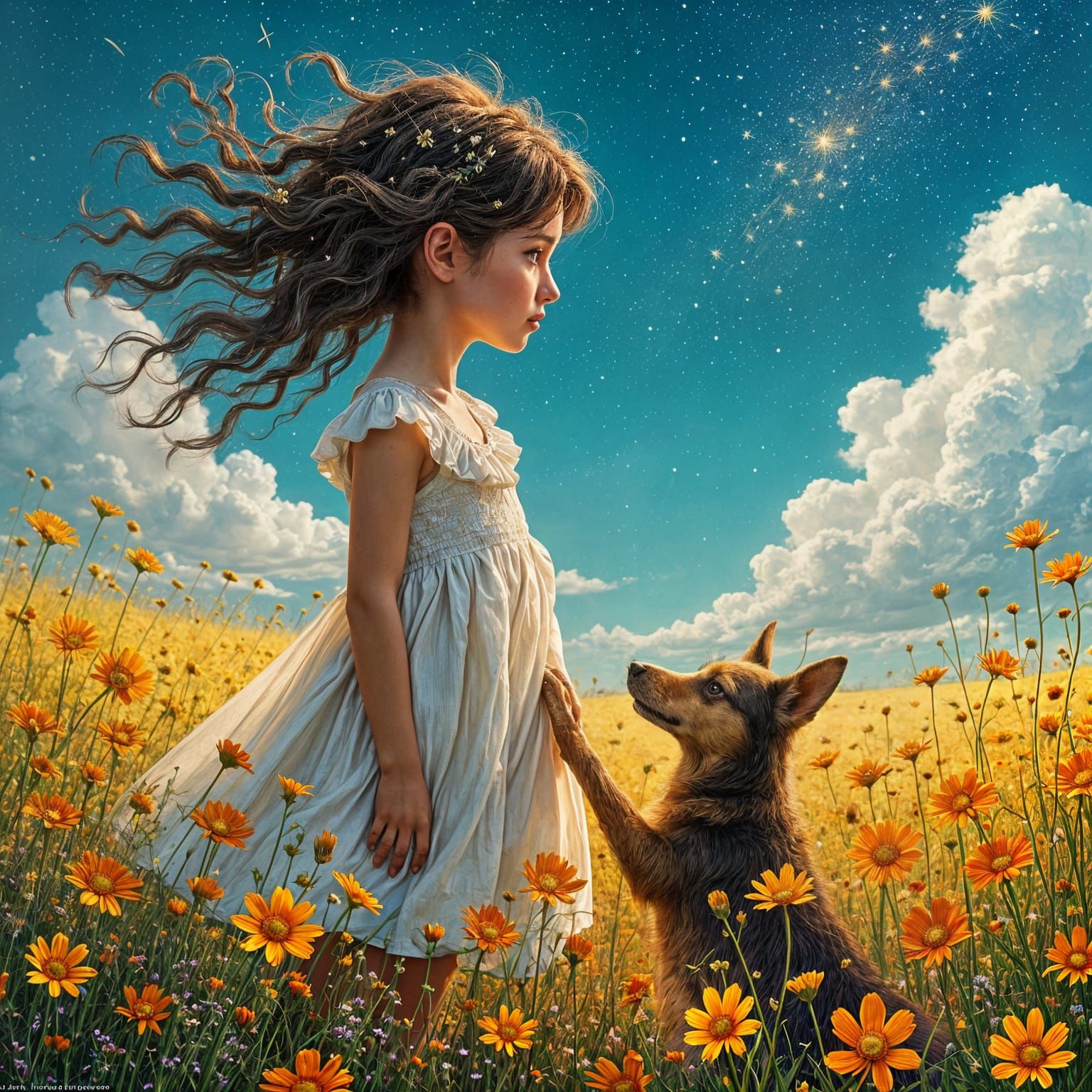 Girl in Flower Field: Klimt and Van Gogh Inspired