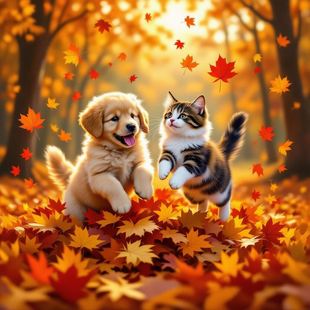 Puppy and Cat Leap into Autumn Leaves Surreal Painting