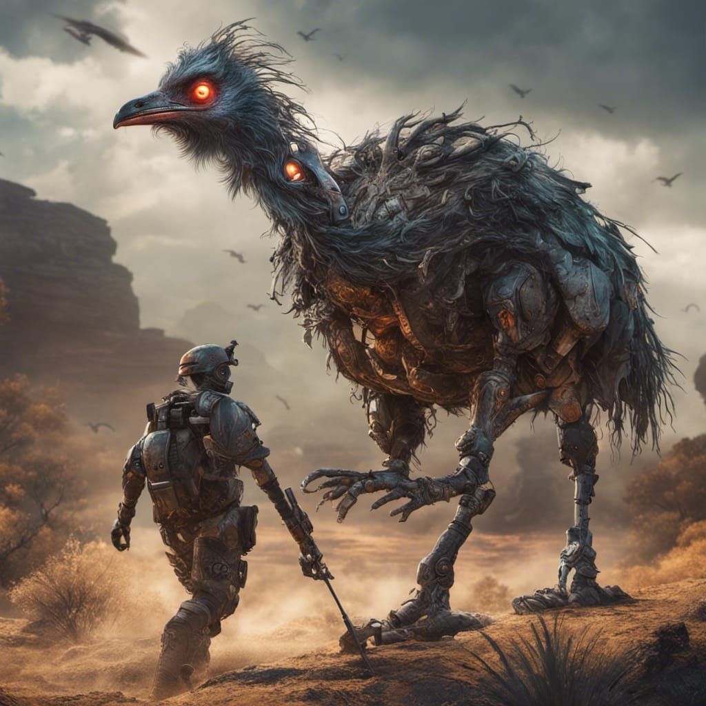 Cyborg Emu Hunting Soldiers: Detailed Digital Art