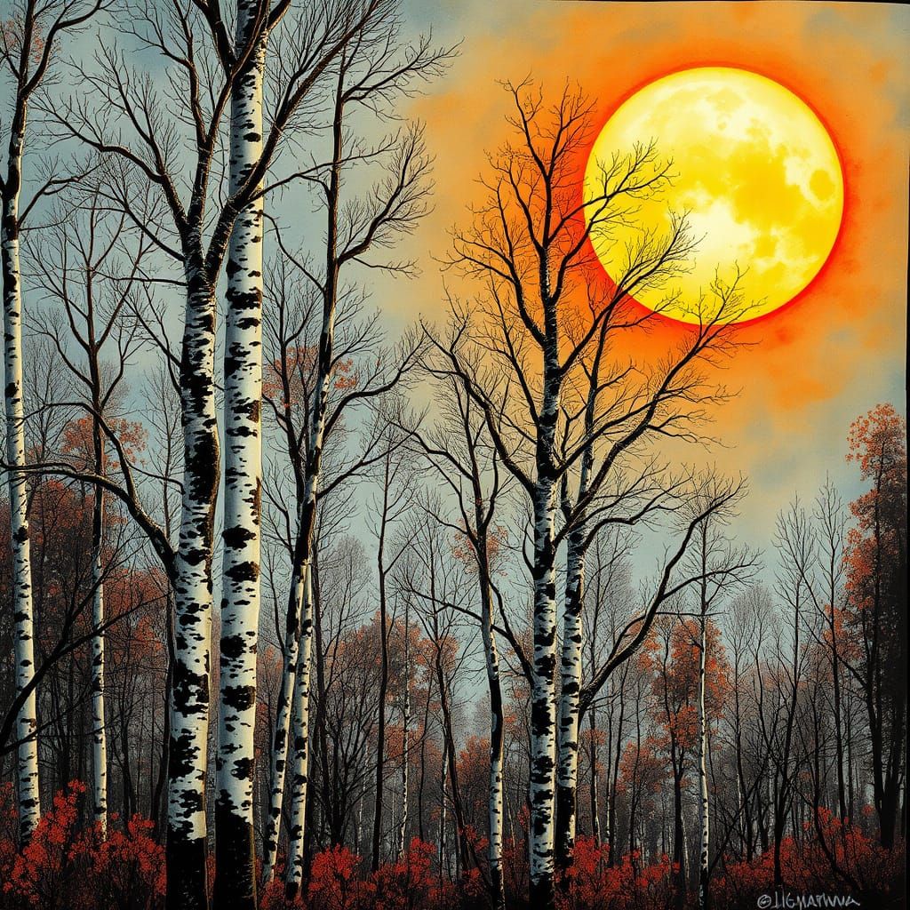 Sllver Birch Trees under a Big wide Sunrise intricate, ambient lighting, highly detailed, manhwa, ink splatter, ink drip...
