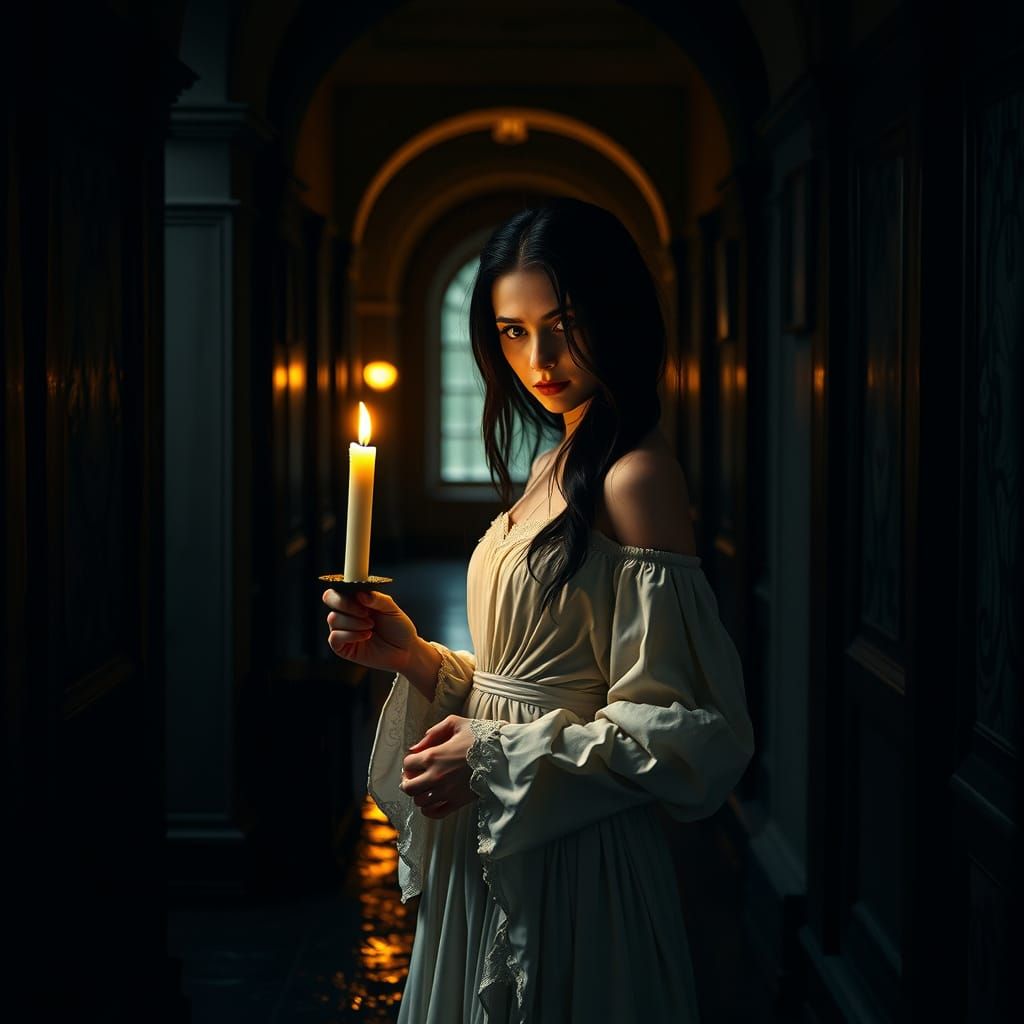 Enigmatic Girl in Castle Hallway, Cinematic Style
