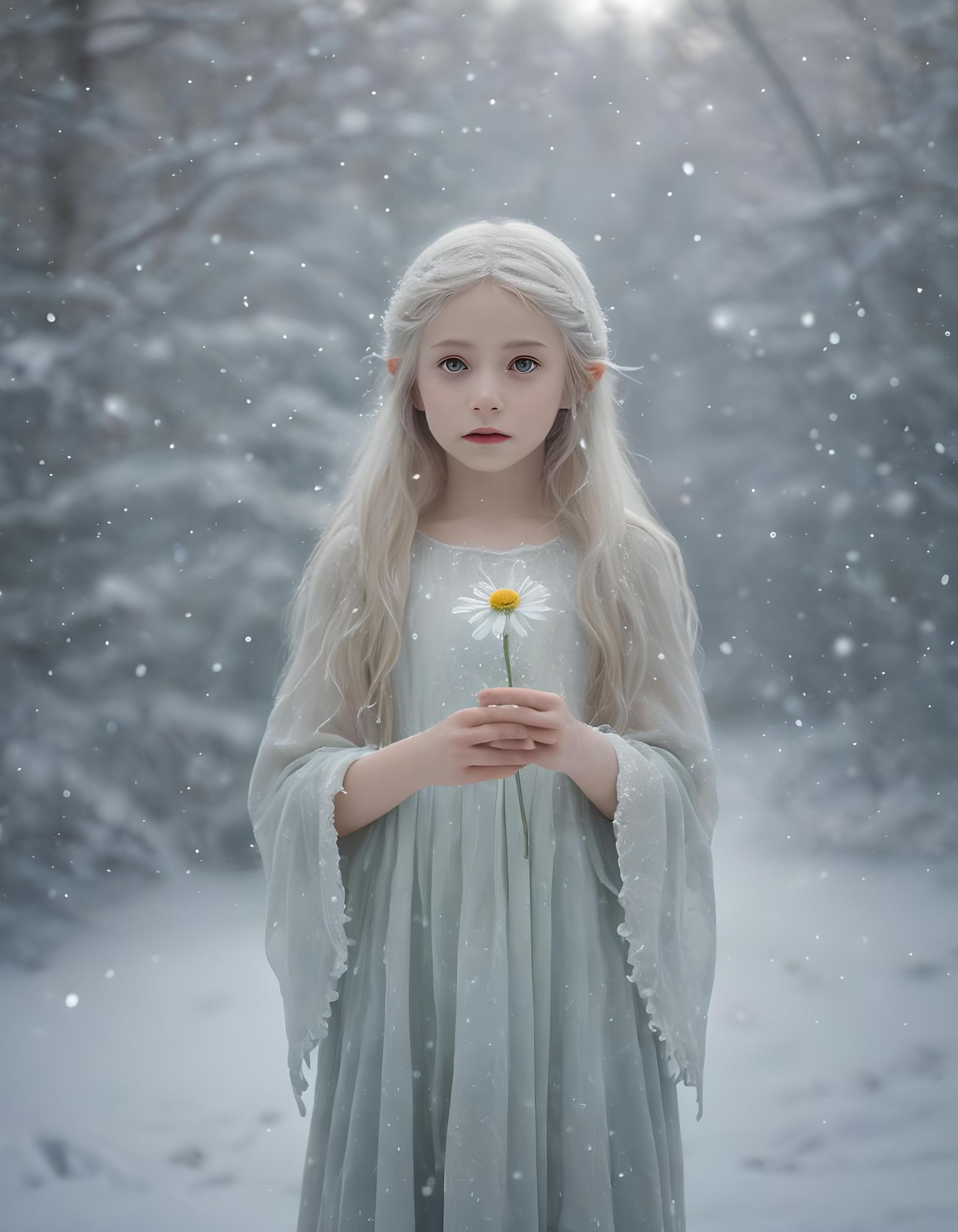 Ethereal Elf Child in Snowy Scene: Digital Art