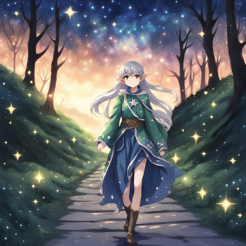 Anime Elf Girl Walking Under Starry Sky