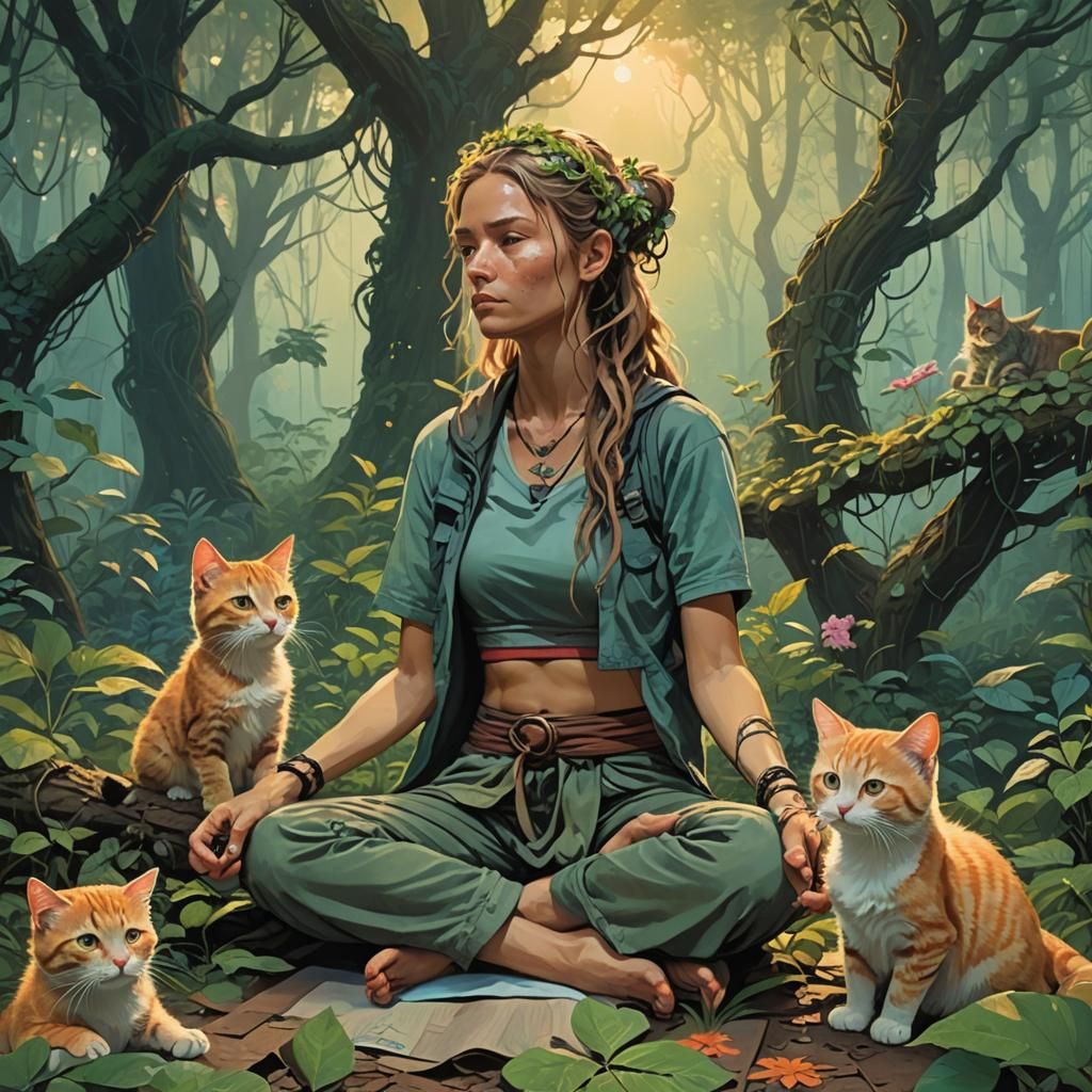 Mystical Forest Yoga with Kittens: Digital Art
