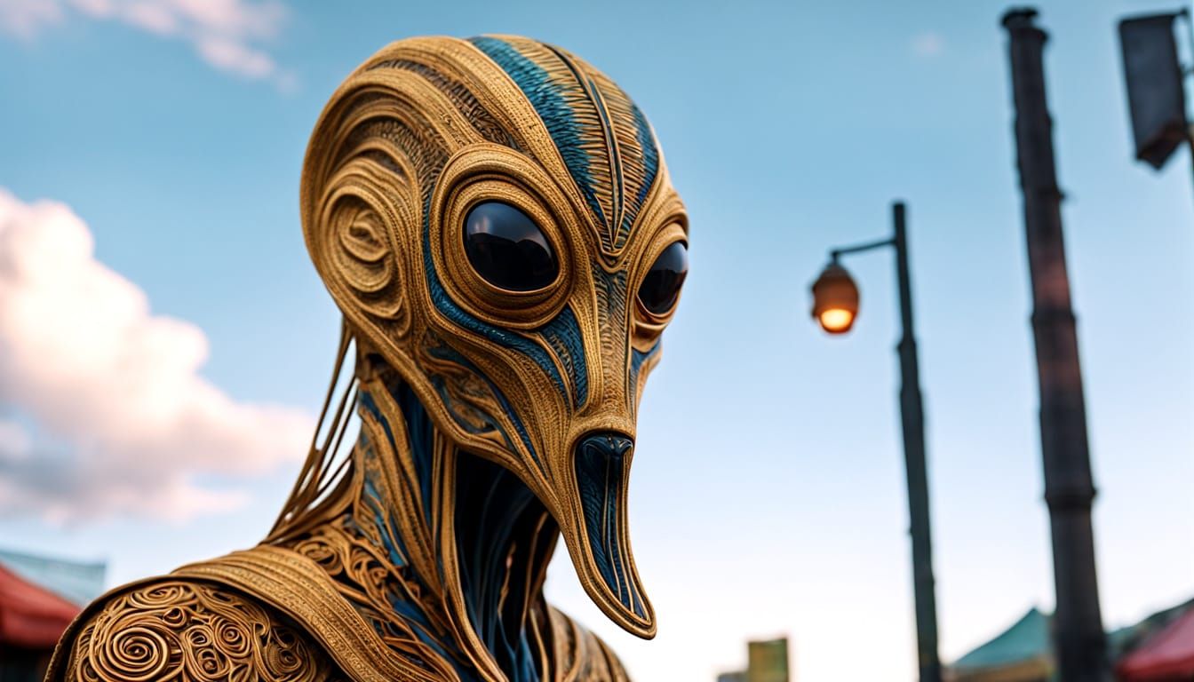 Hooded Alien Creature in Cyberpunk Market