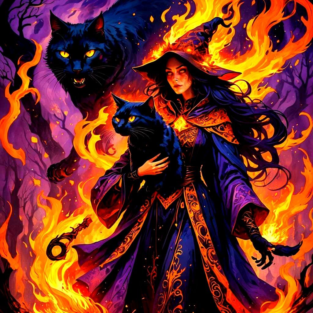 Fantastical Witch and Black Cat in Fire