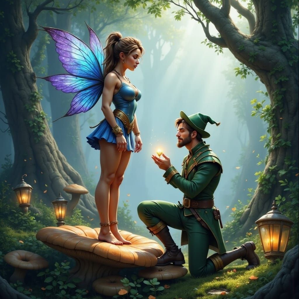 Fairy Proposes to Leprechaun in Enchanted Forest