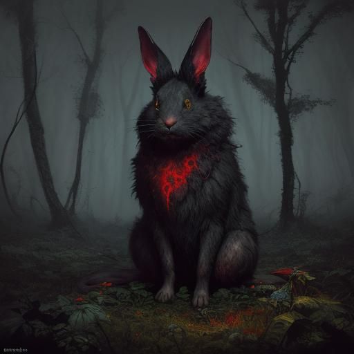 Distressed Rabbit in Eerie Forest: Surrealist Dark Fantasy