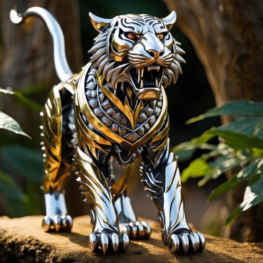 Metallic Robot Tiger Roaring at the Moon