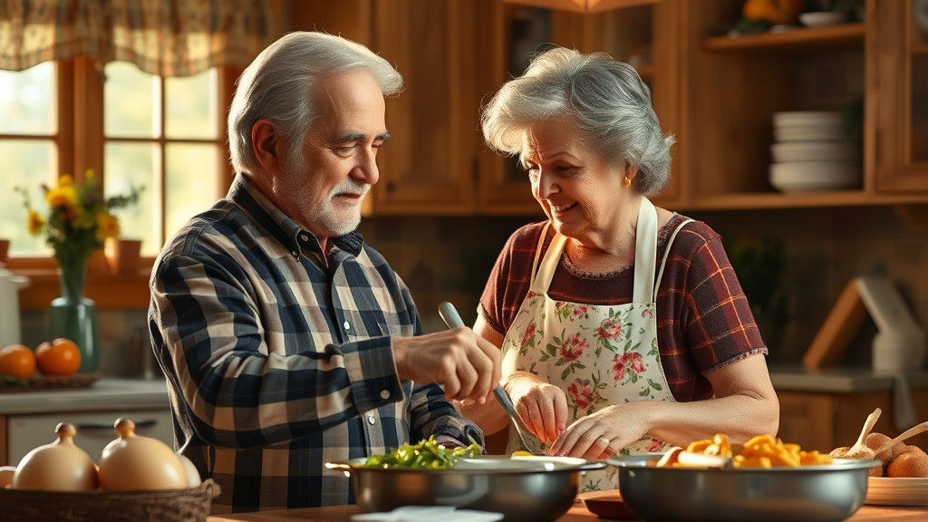 Grandfather and Grandmother Cooking: Rockwell-Inspired Scene