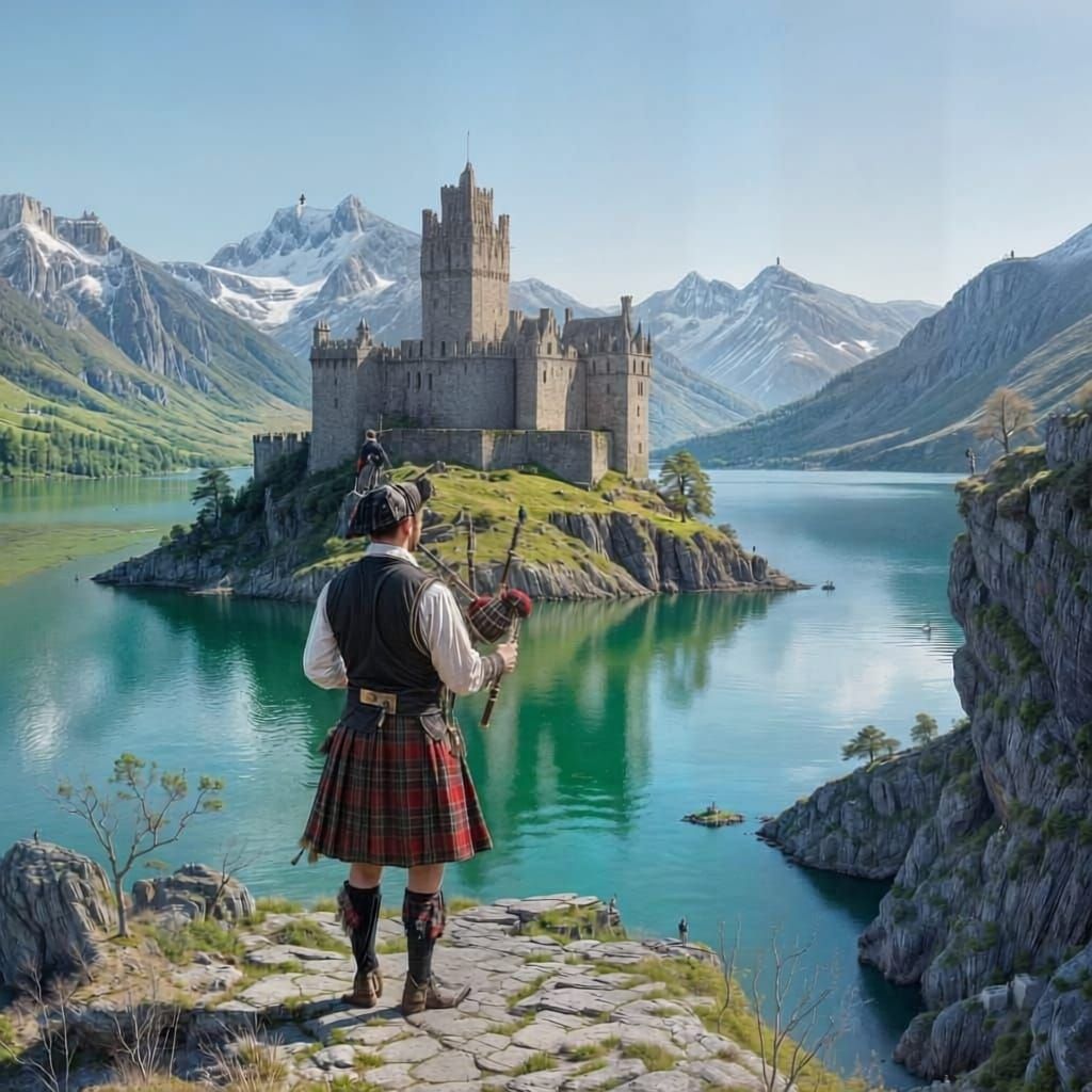 Scottish Castle and Bagpiper on Sunny Spring Day
