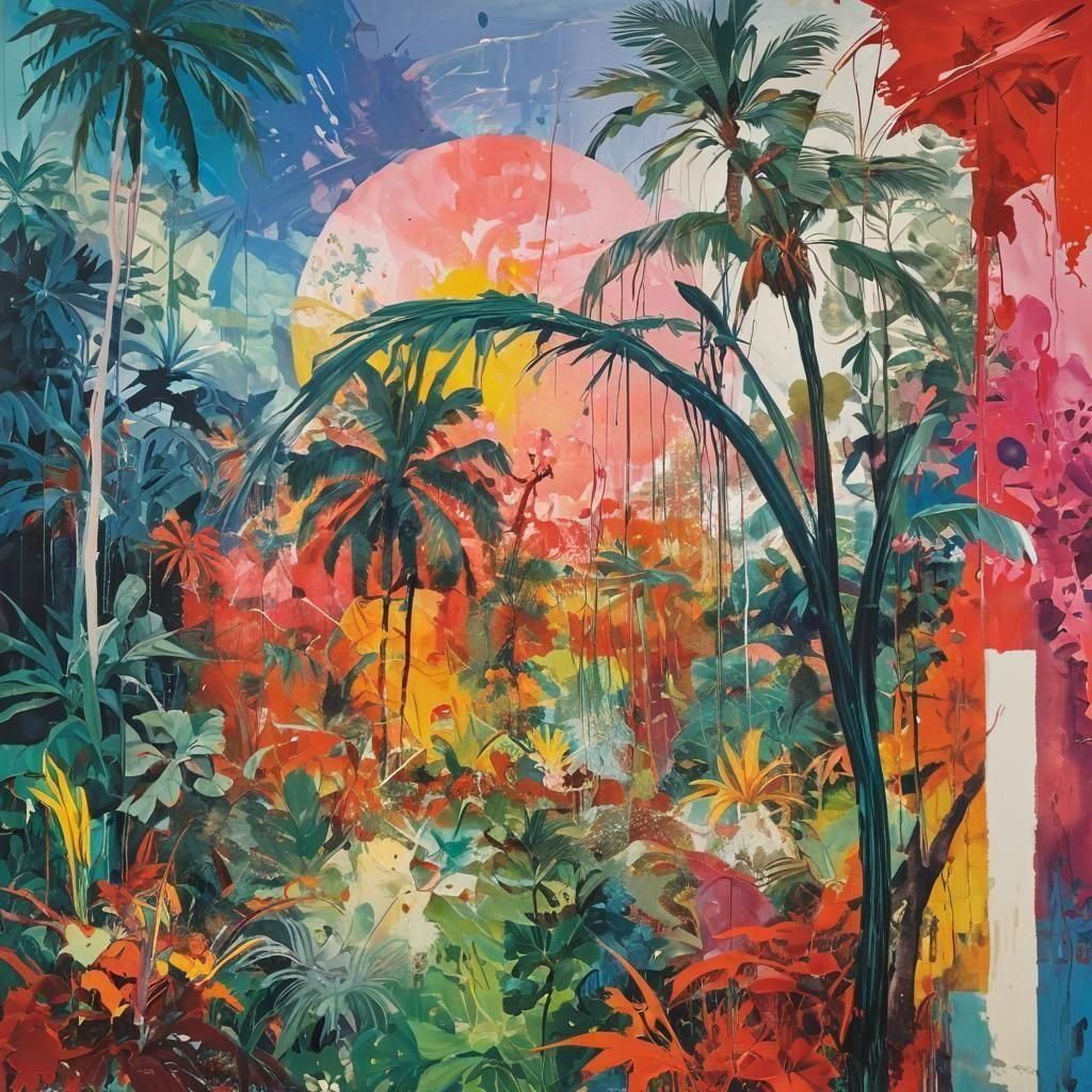 Vibrant Jungle Landscape Inspired by Rauschenberg and Gaugui...