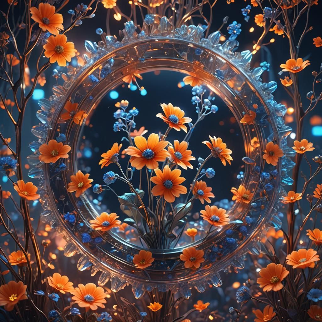 Reflected Glass Flower with Neon Lights, Digital Art