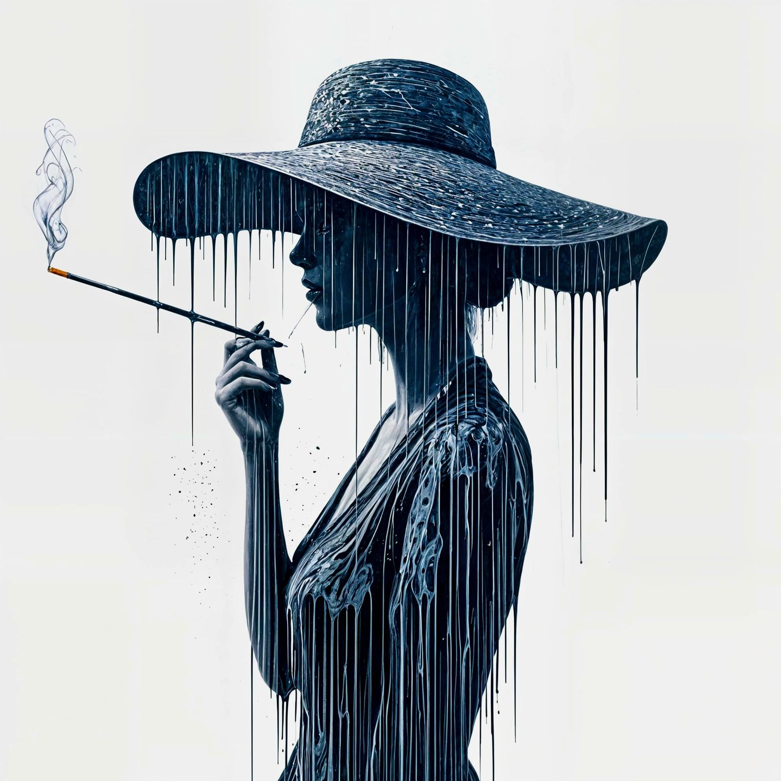 Melting silhouette of an elegant woman with a cigarette holder and a wide brim hat
