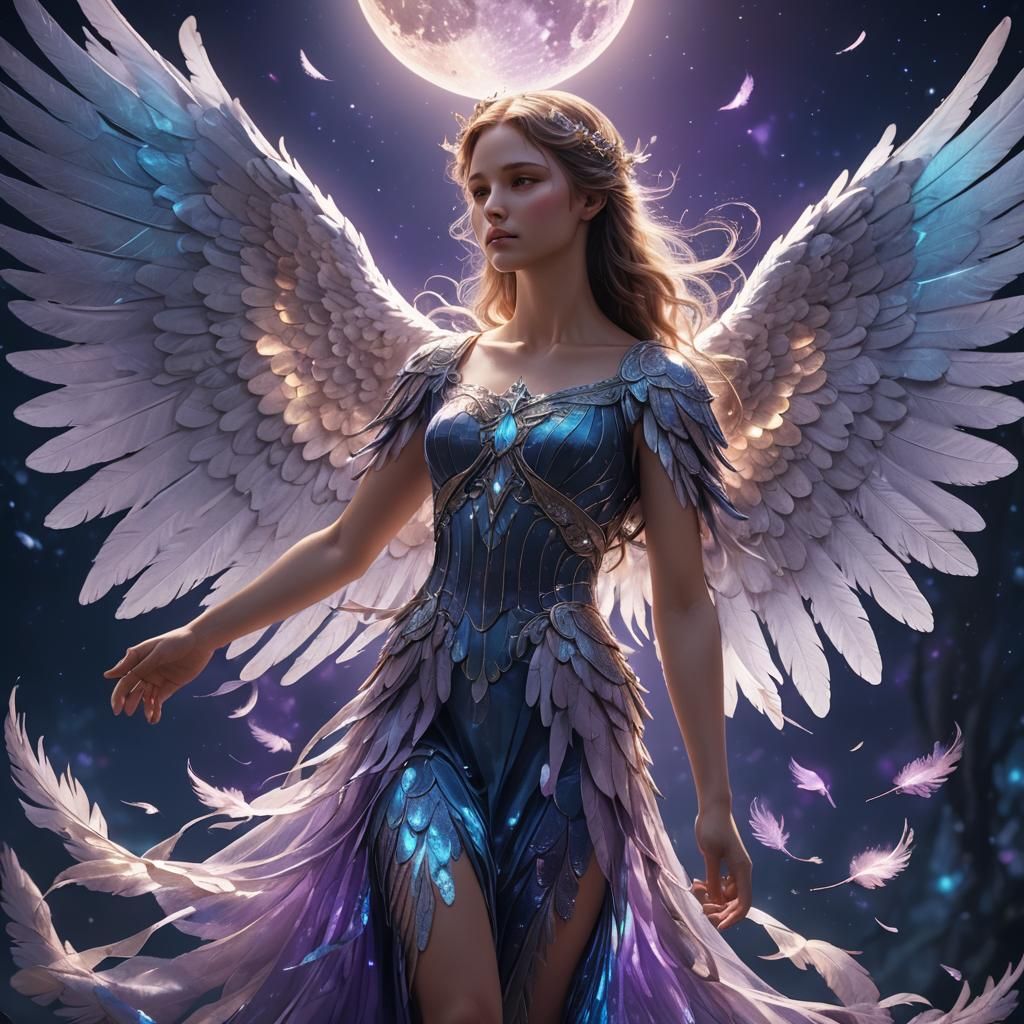 Moonlit Angel with Iridescent Wings: Fantasy Concept Art