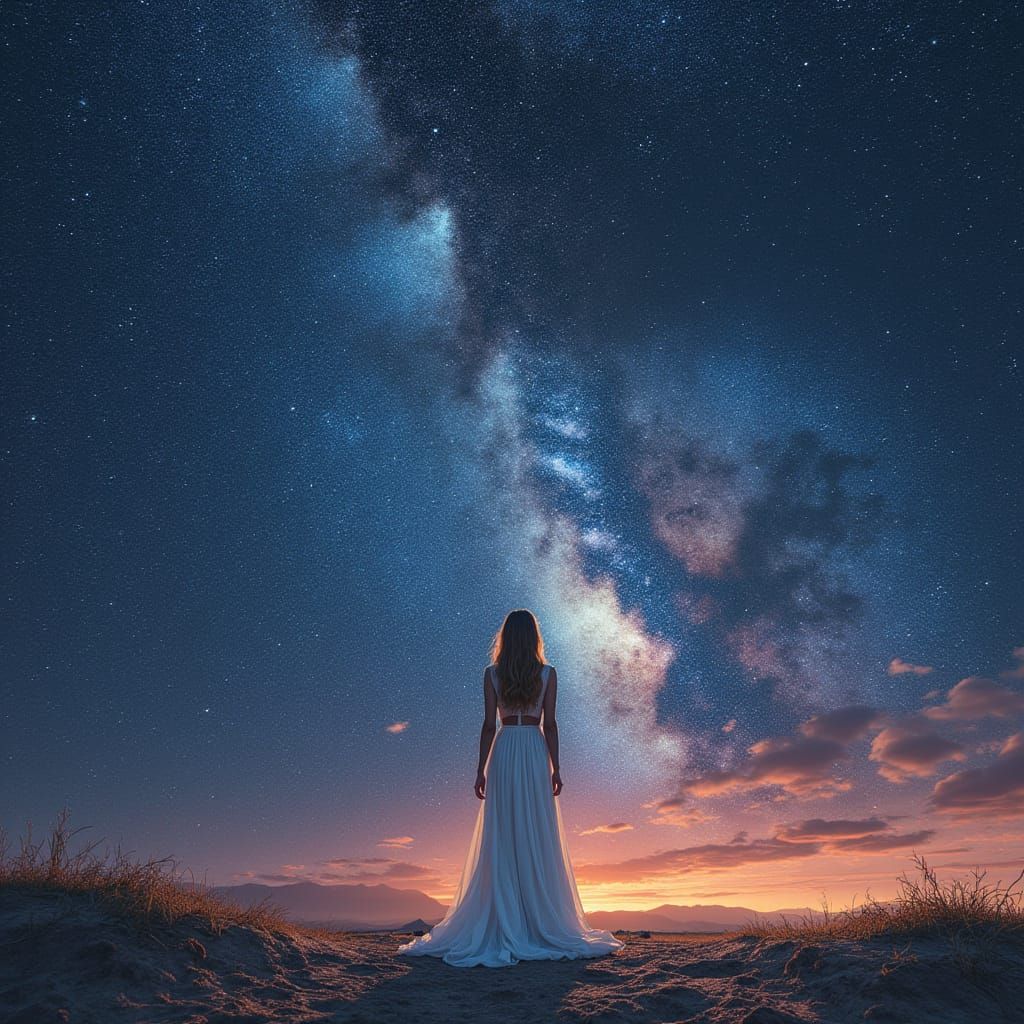 Woman Gazing at Milky Way in Painterly Style