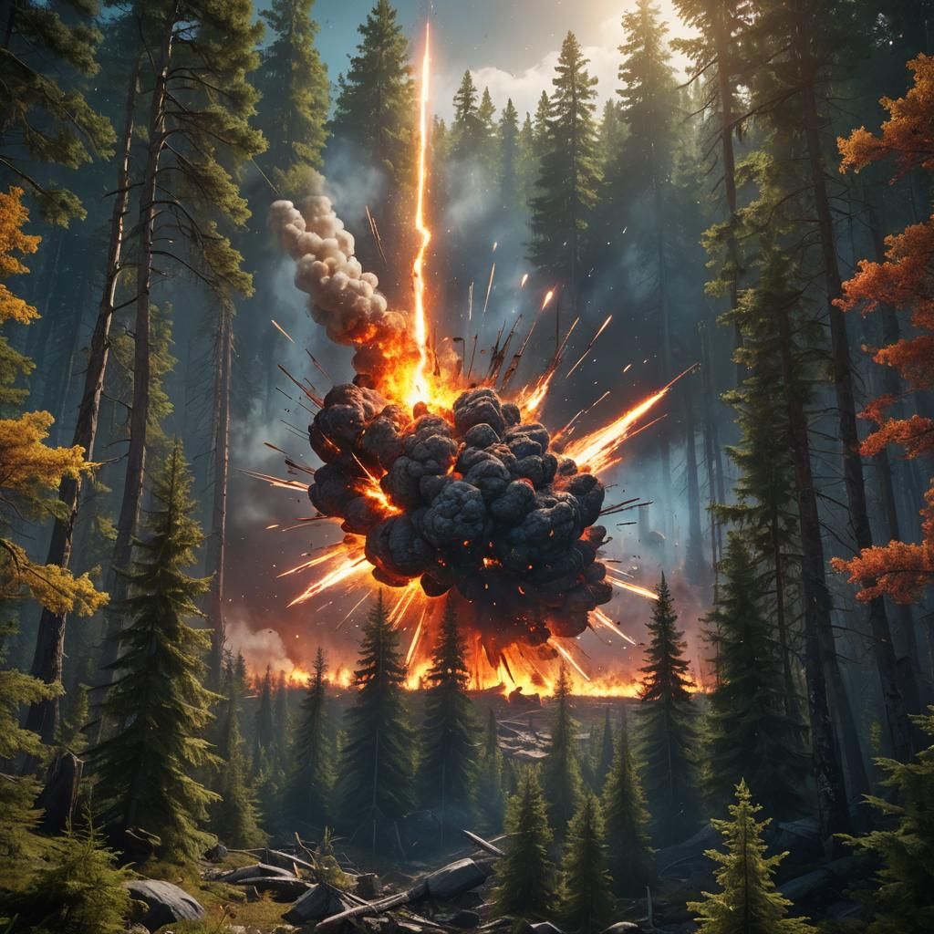 Explosion in Siberian Forest with Meteor, Digital Art