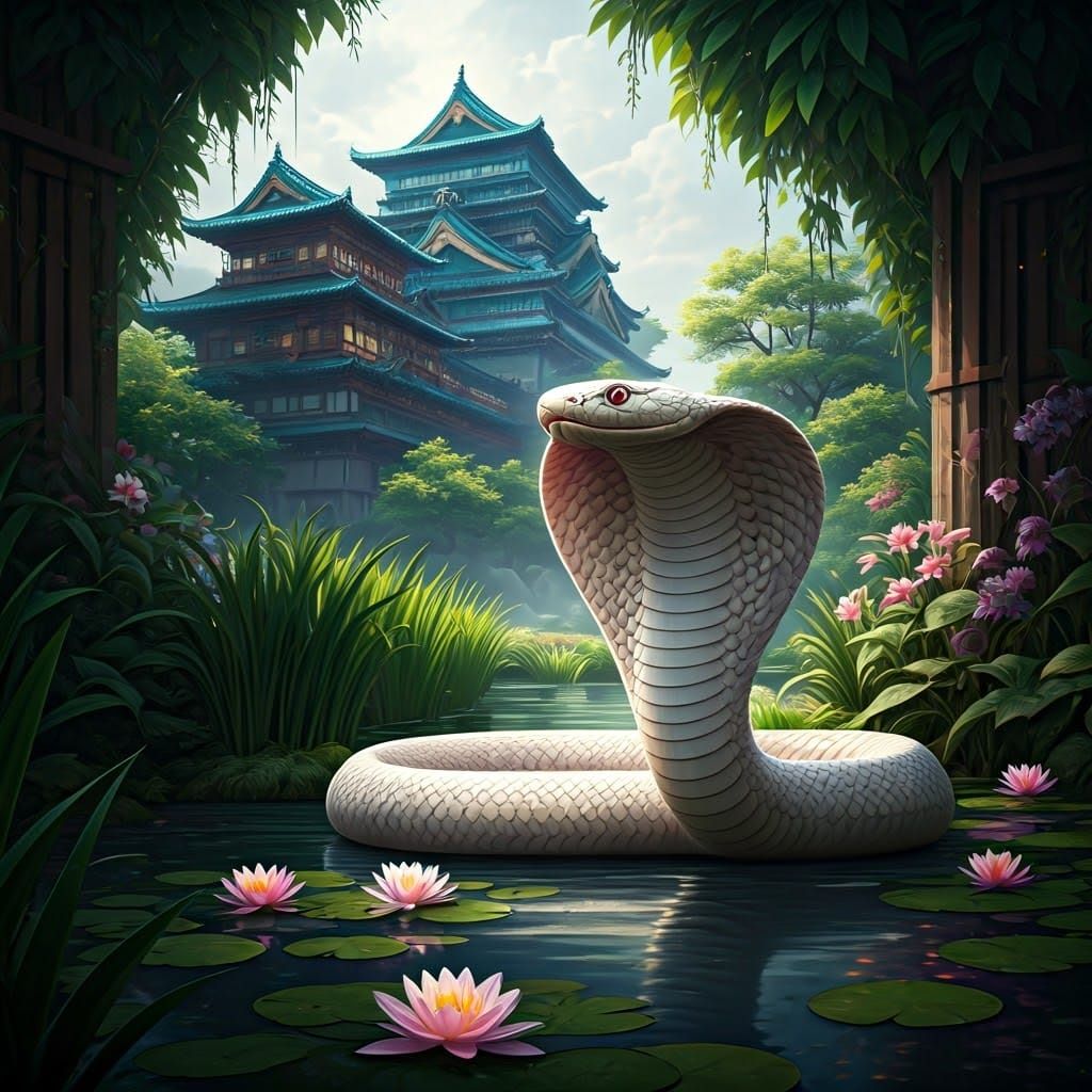 Lily-White Cobra at Pond with Japanese Castle