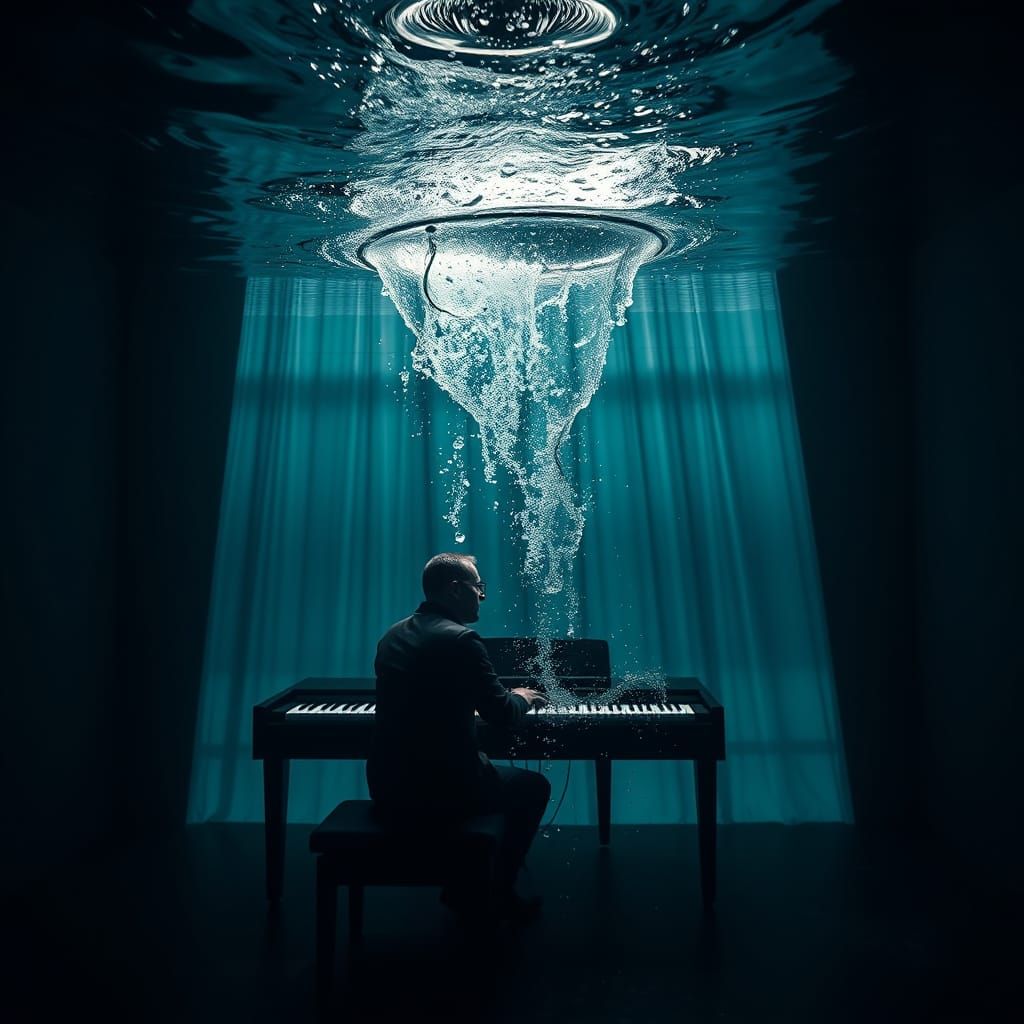 Underwater Piano Player in a Submerged Room
