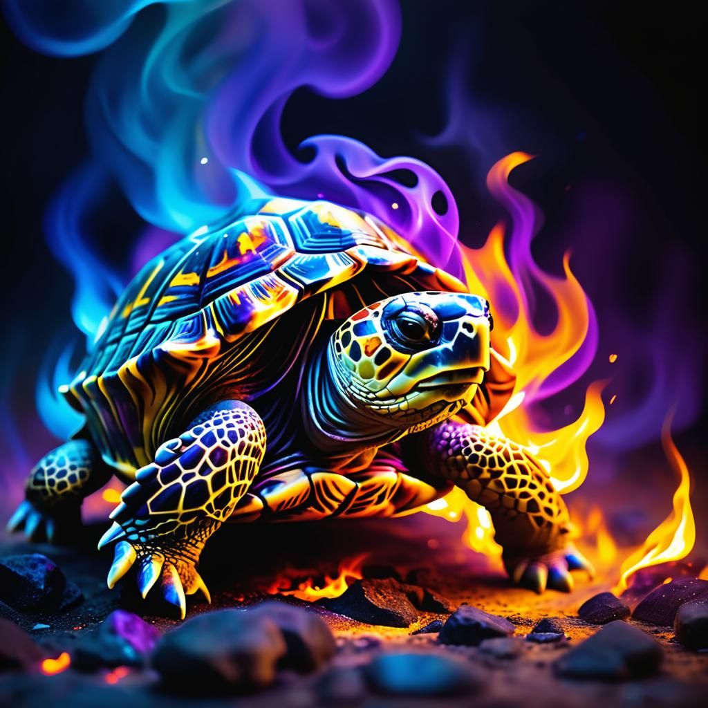 Majestic Tortoise Ascends in Blazing Inferno of Color